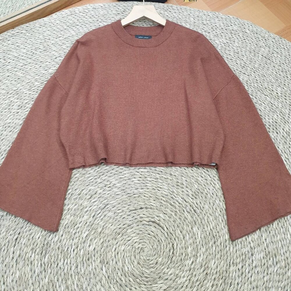 Mauve Brown Flare Sleeve Cropped Knit Sweater Top